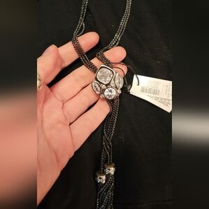 Gunmetal CZ Crystal Cluster Bolo Necklace, Multi-Strand Chain Statement Pendant